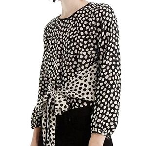 J. Crew 100% silk black and cream dot tie front long sleeve top 2